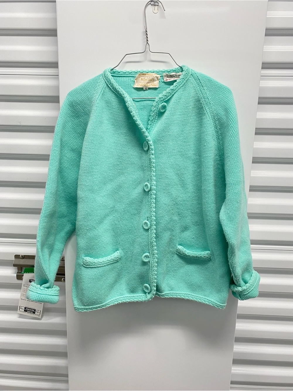 Vintage 1960s Carol Brent 100% Acrylic Mint Button-Front Knit Cardigan